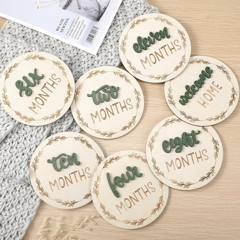AuraRay 7 Pack Baby Monthly Milestone Cards Sign, Double Sided Baby Milestone Signs Wooden Marker Discs for 1-12 Months Baby Milestone Pictures Baby Shower Gifts - Image 5